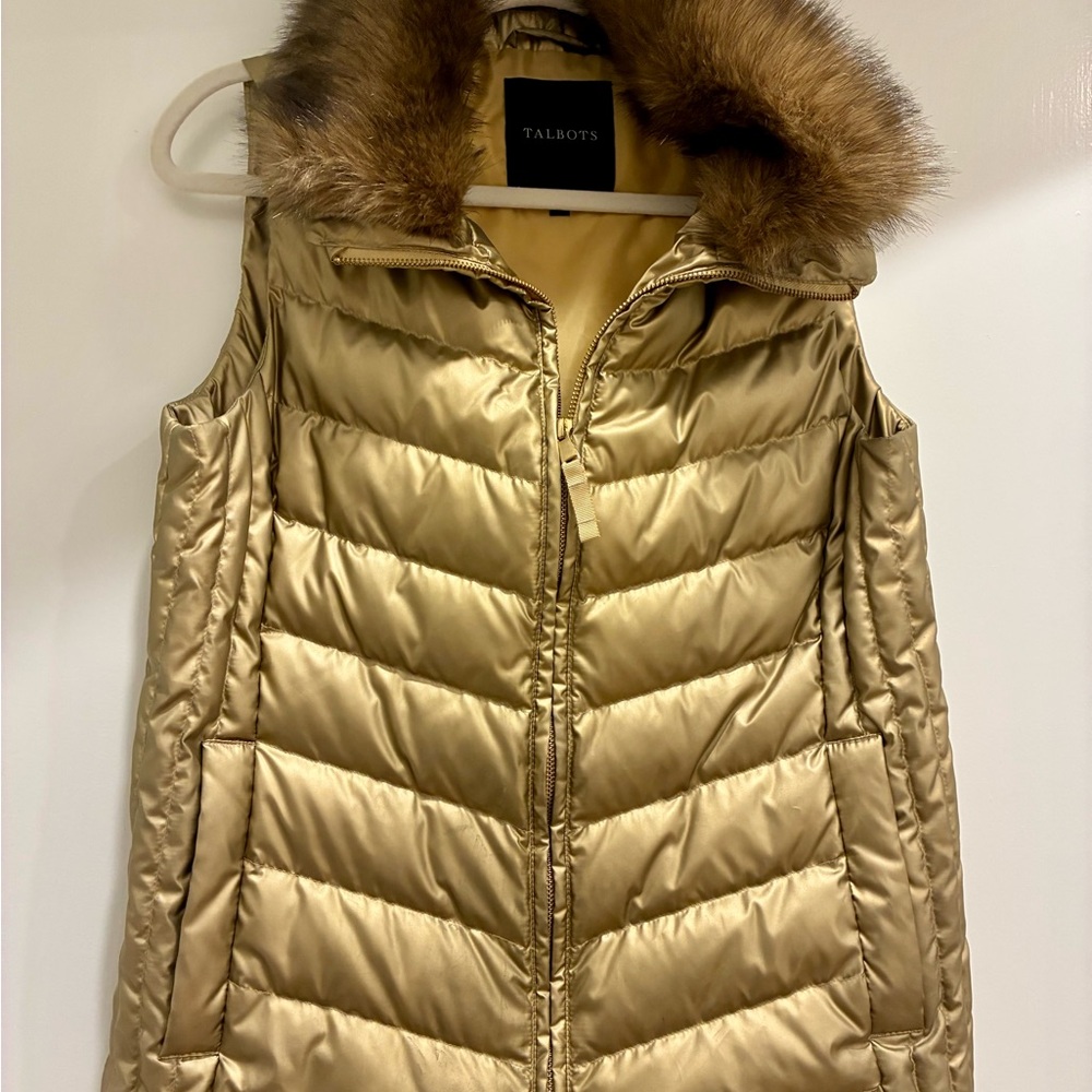 Talbots Metallic Gold Quilted Puffer Vest with Faux Fur Hood